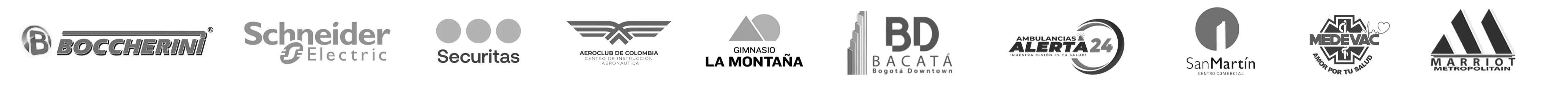 Logos de clientes: Boccherini, Schneider Electric, Securitas, Aeroclub de Colombia, Gimnasio La Montaña, BD Bacatá, Ambulancias Alerta 24, San Martín, Medevac y Marriot Metropolitain