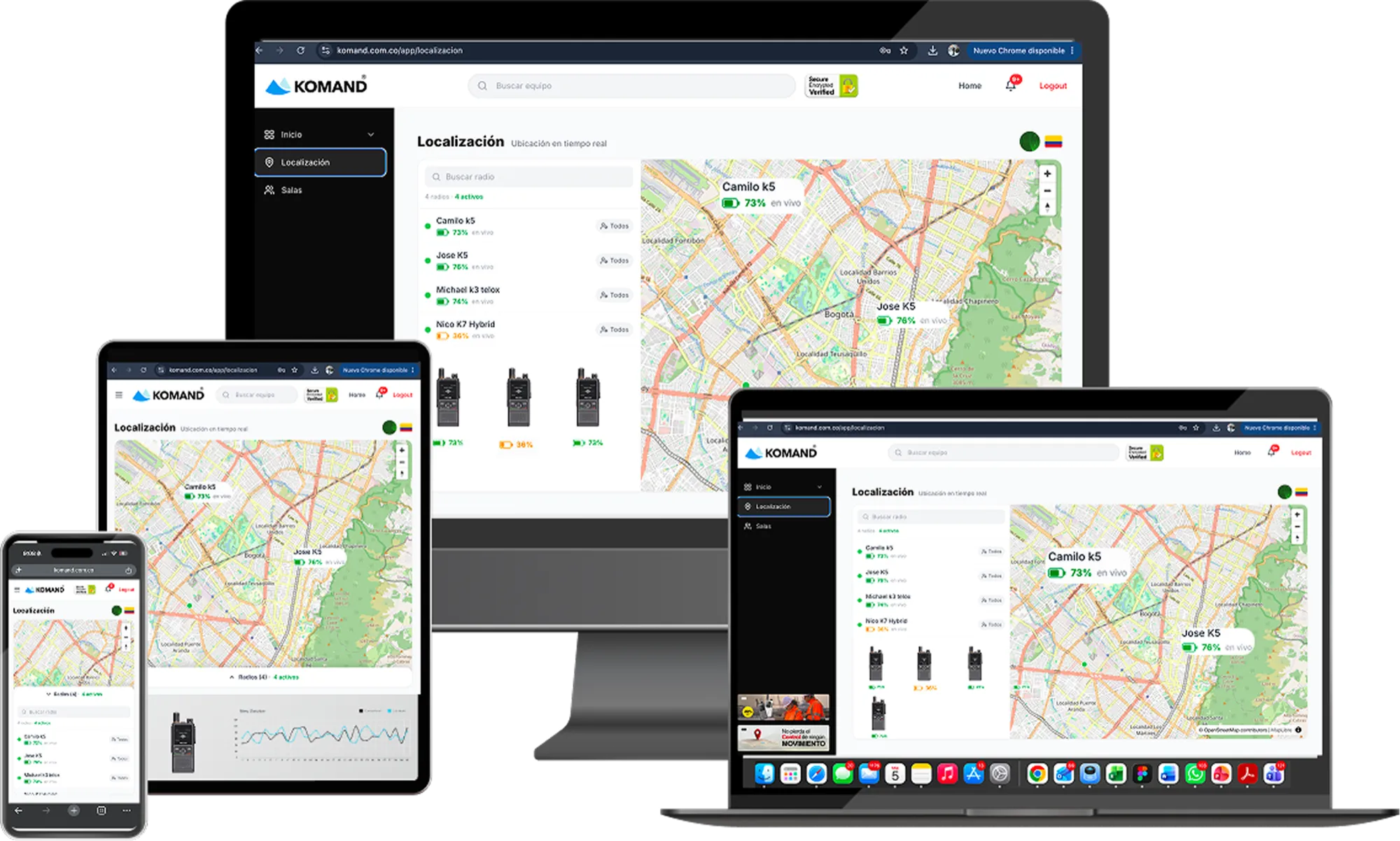 Plataforma KOMAND de localización en computador, portátil, tablet y celular